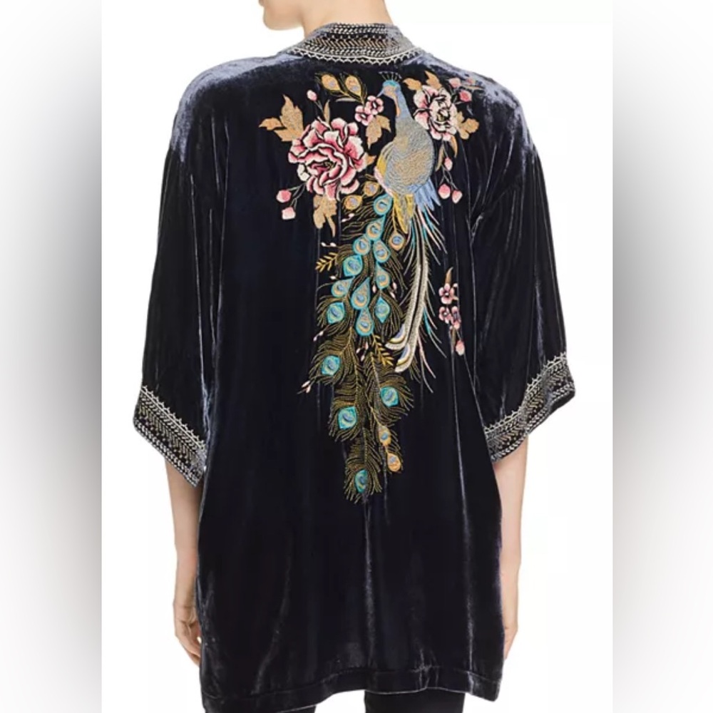 Stunning extra rare Johnny Was sz 1x blue silk Velvet Kimono peacock embroidery